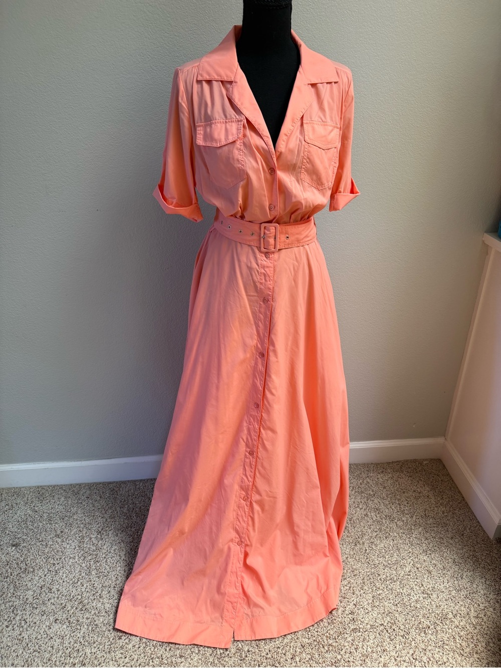 STAUD Coral-Peach Maxi Shirt Dress